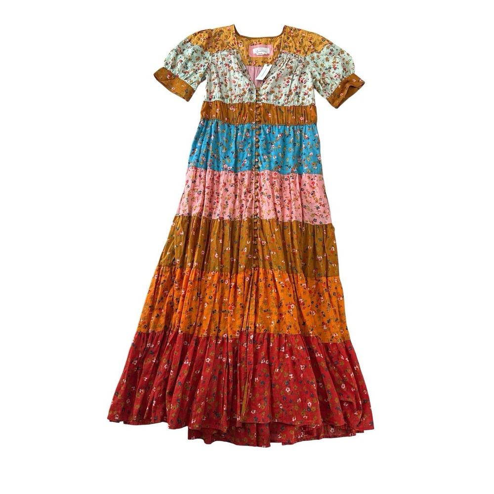 Anthropologie NWT Tiered True Dress Small Patchwork Colorblock‎ Floral Midi Boho - Picture 3 of 10